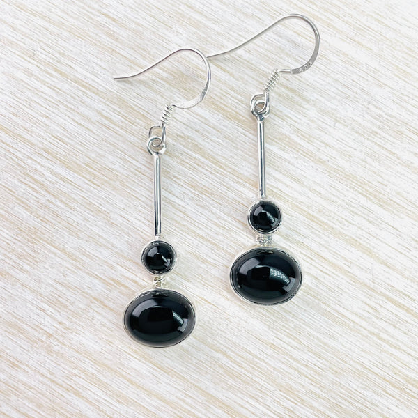 Sterling Silver and Black Onyx Drop Earrings.