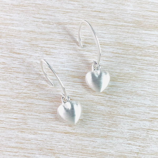 Small Brushed Silver Heart Drop Earrings by JB Designs.