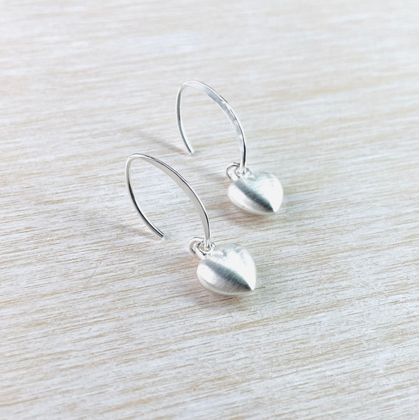 Small Brushed Silver Heart Drop Earrings by JB Designs.