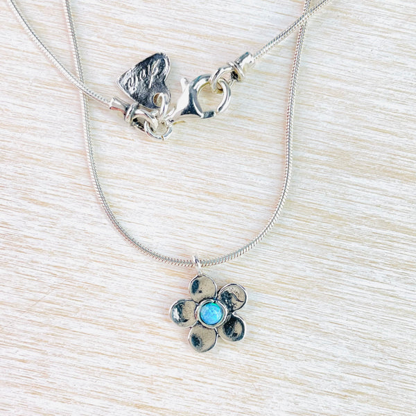 Delicate Silver and Opal Flower Pendant.
