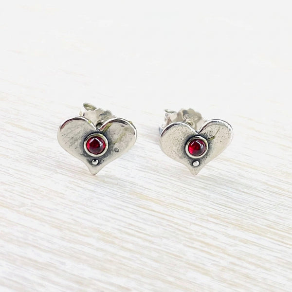 Little Silver and Garnet Heart Stud Earrings.
