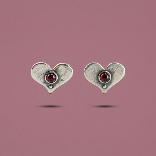 Little Silver and Garnet Heart Stud Earrings.