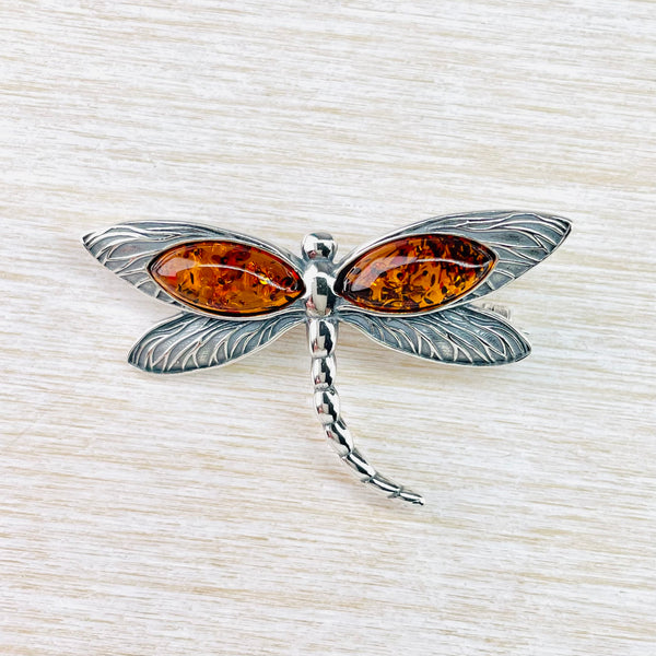 Silver and Amber Dragonfly Design Brooch.