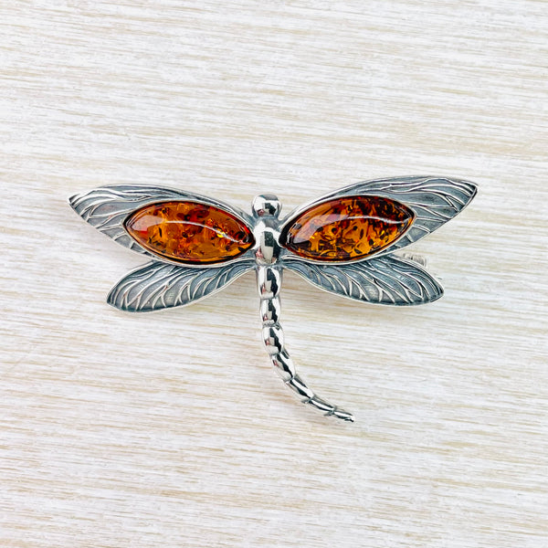 Silver and Amber Dragonfly Design Brooch.