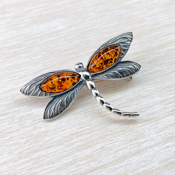 Silver and Amber Dragonfly Design Brooch.
