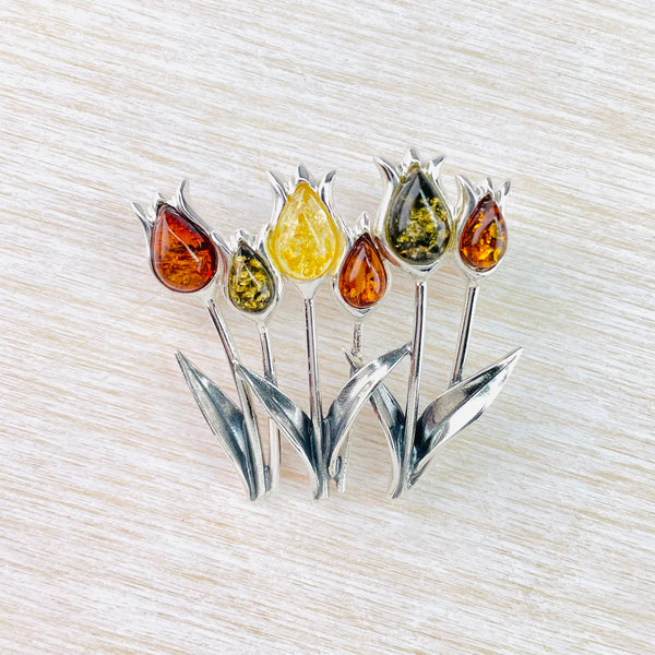 Mixed Amber Tulip Design Brooch.