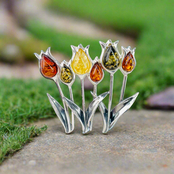 Mixed Amber Tulip Design Brooch.