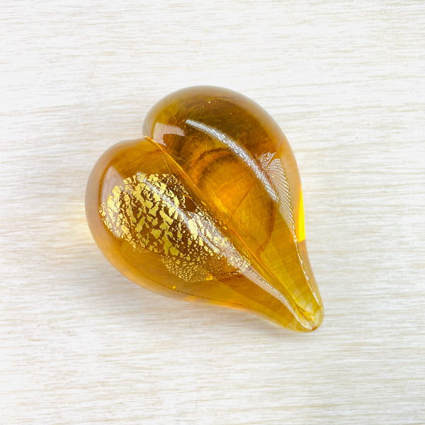 Yellow and Gold Hand Made Blown Glass Heart Paperweight.