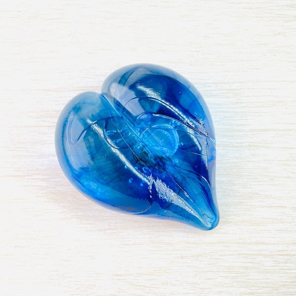 Blue Hand Made Blown Glass Heart Paperweight.
