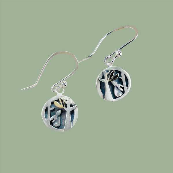 Linda Macdonald Handmade Sterling Silver and Gold Hare Earrings.