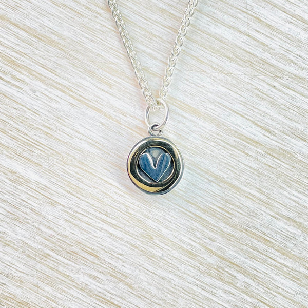 Linda Macdonald Handmade Detailed Silver and Gold Heart Drum Necklace.