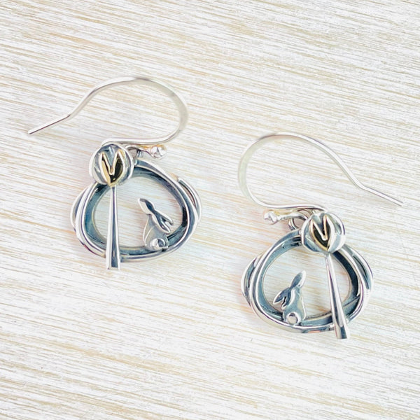 Linda Macdonald Handmade Sterling Silver and Gold 'Into the Woods' Hare Earrings.