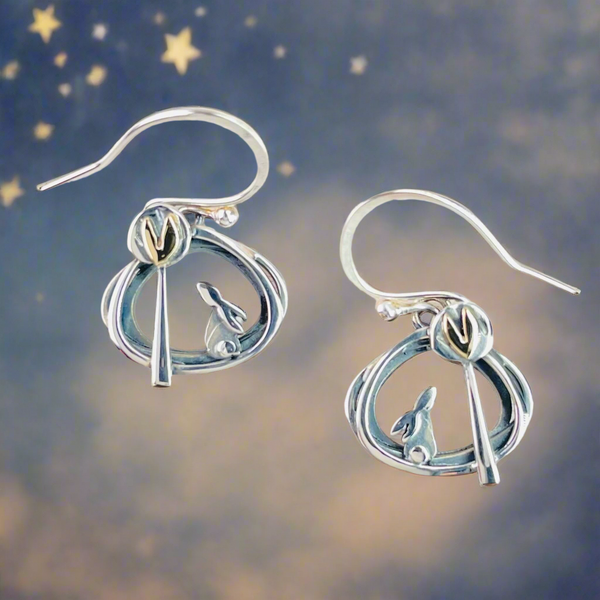 Linda Macdonald Handmade Sterling Silver and Gold 'Into the Woods' Hare Earrings.