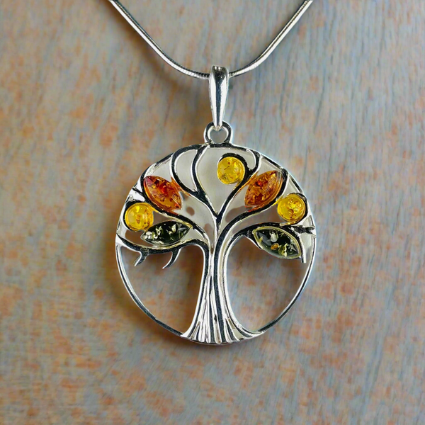 Mixed Amber and Silver 'Tree of Life' Pendant.