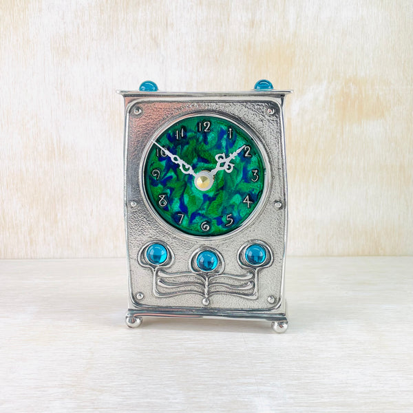 Pewter and Enamel Mantel Clock, Archibald Knox Style Design.