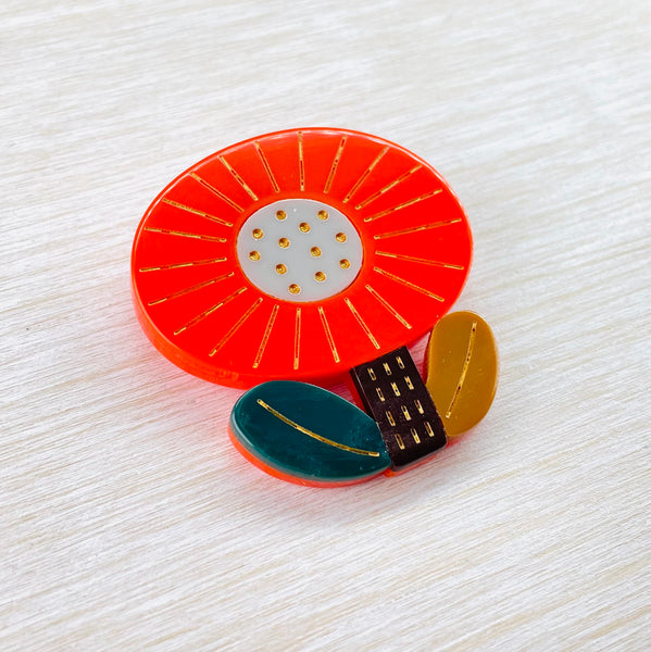 Orange Resin Flower Brooch.