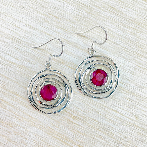 Sterling Silver and Ruby Quartz Swirl Drop Earrings.