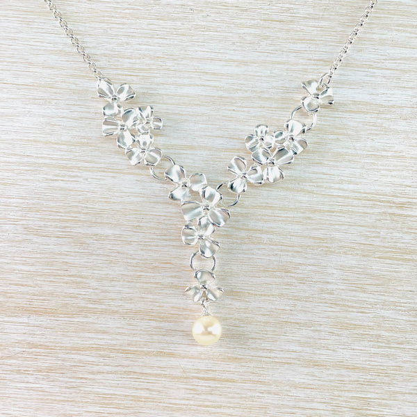 Sterling Silver 'Forget-me-not' Necklace with Pearl Drop.