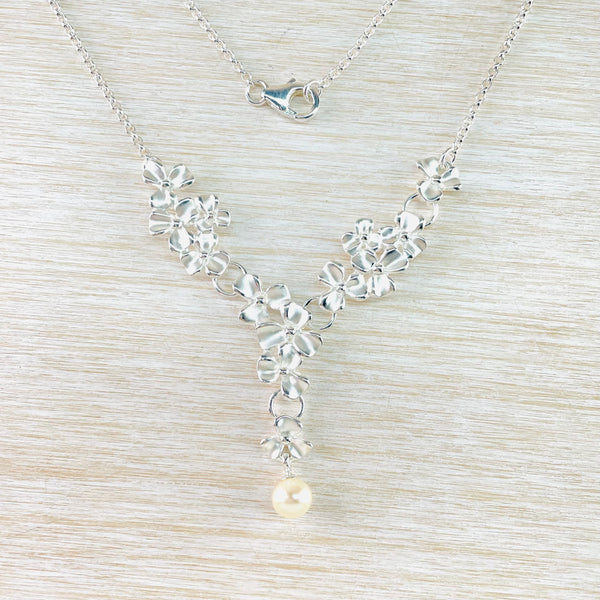 Sterling Silver 'Forget-me-not' Necklace with Pearl Drop.