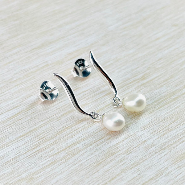 Silver and  Freshwater Pearl Drop Earrings.