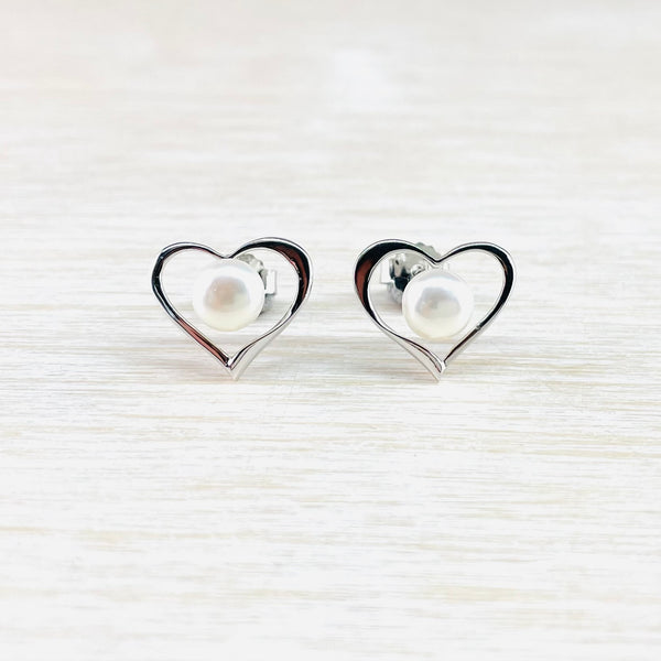 Heart Sterling Silver and Pearl Stud Earrings.