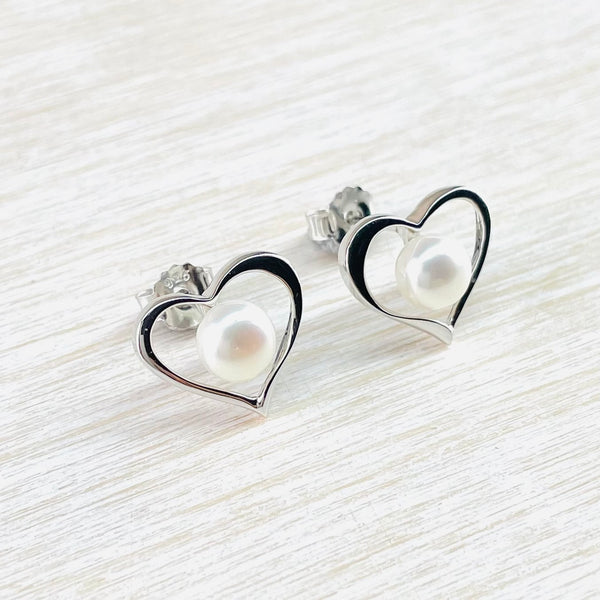 Heart Sterling Silver and Pearl Stud Earrings.