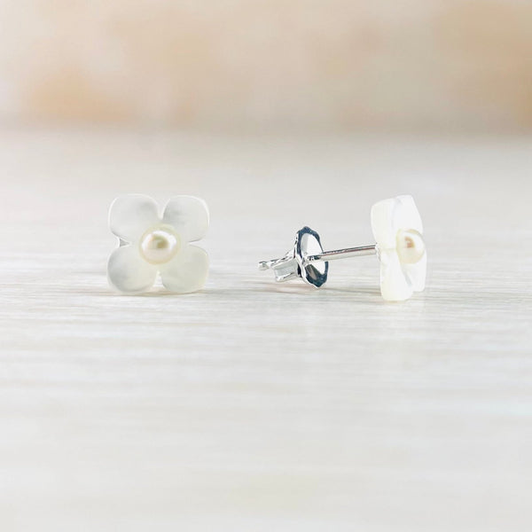 Carved Mother of Pearl and Fresh Water Pearl Flower Stud Earrings.