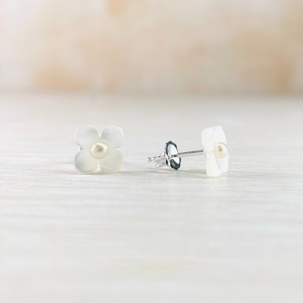 Carved Mother of Pearl and Fresh Water Pearl Flower Stud Earrings.