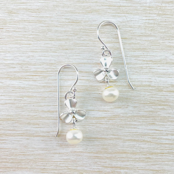'Forget-me-not' Sterling Silver and Pearl Drop Earrings by JB Designs.