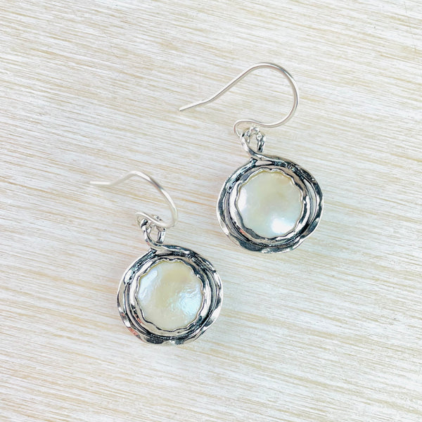 Round Silver and Pearl Drop Earrings by JB Designs.