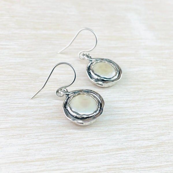 Round Silver and Pearl Drop Earrings by JB Designs.