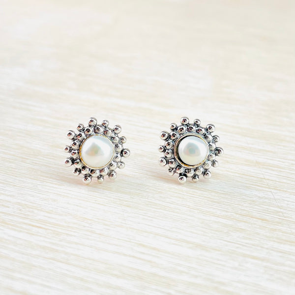 Patterned Silver and Round Pearl Stud Earrings.