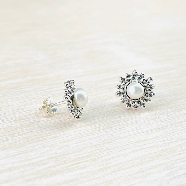 Patterned Silver and Round Pearl Stud Earrings.