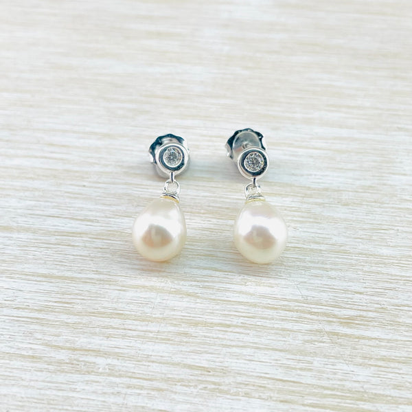 Pearl , CZ and Sterling Silver Drop Earrings by JB Designs.