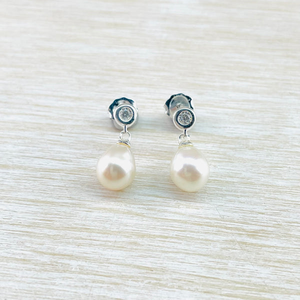 Pearl , CZ and Sterling Silver Drop Earrings by JB Designs.