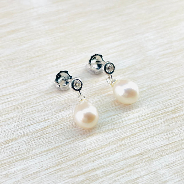 Pearl , CZ and Sterling Silver Drop Earrings by JB Designs.