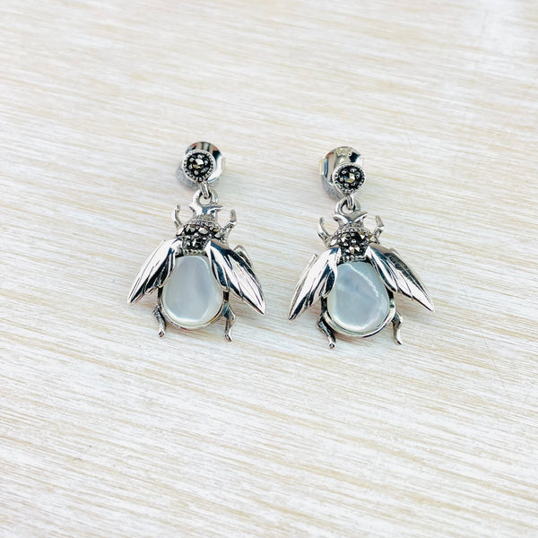 Marcasite and Mother of Pearl Bee Drop Earrings.