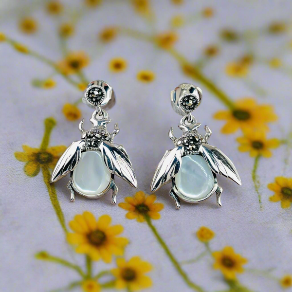 Marcasite and Mother of Pearl Bee Drop Earrings.