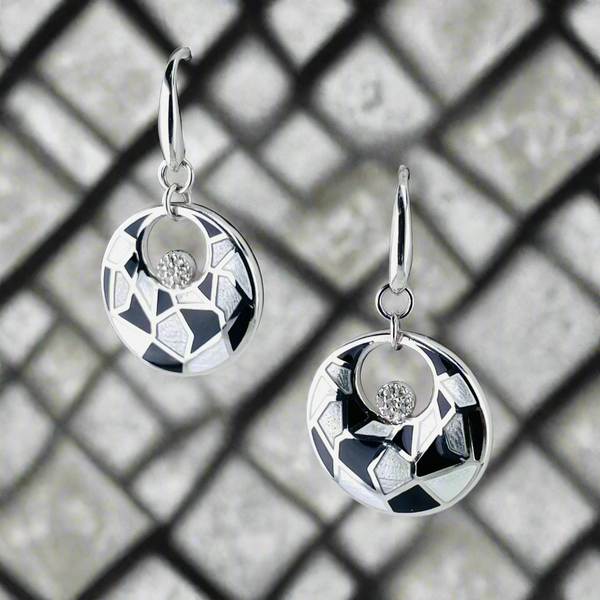 Silver Harlequin Enamel and White Sapphire Drop Earrings.
