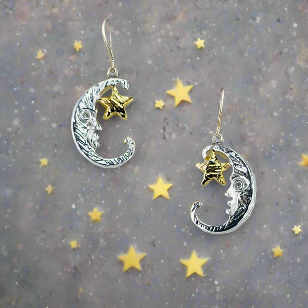 Silver and Gold Plated Man in the Moon Stud Earrings.