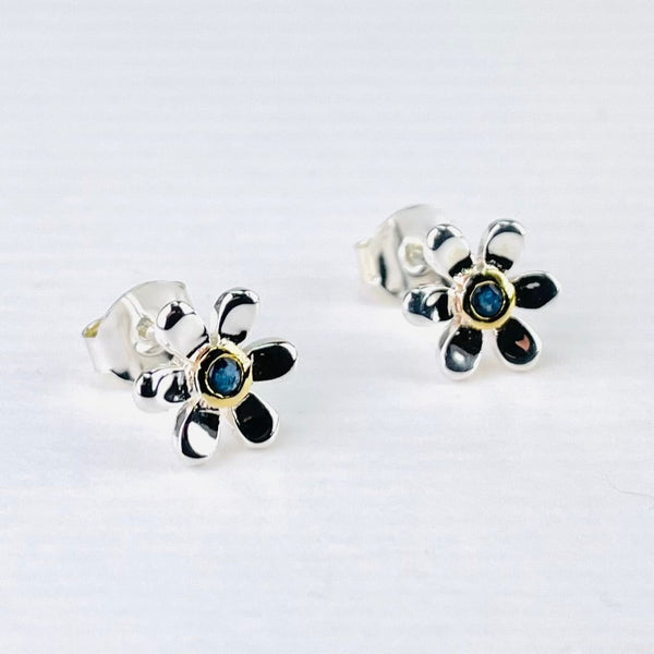 Silver and Gold Plated Sapphire Flower Stud Earrings.