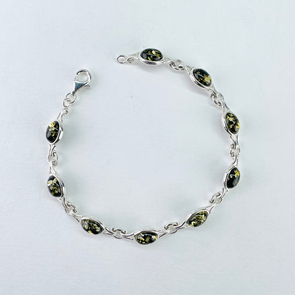 Silver and Oval Green Amber Bracelet.