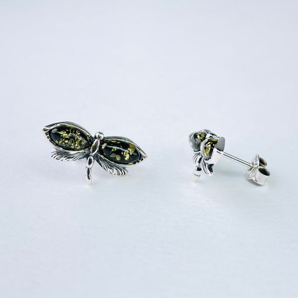 Green Amber and Silver Dragonfly Stud Earrings.