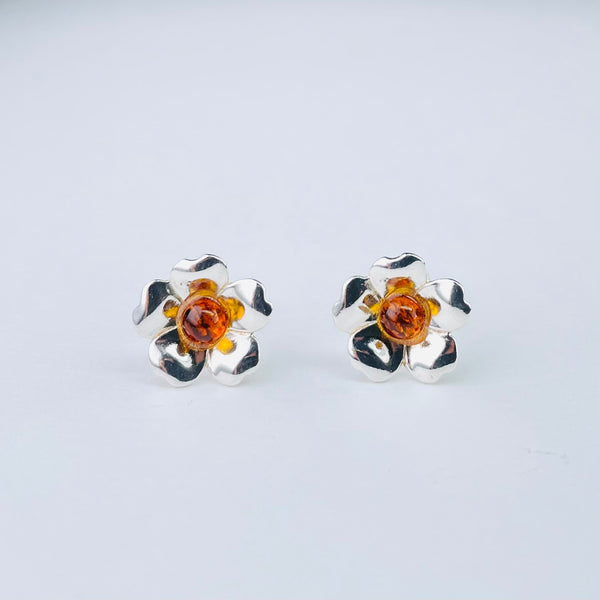 Baltic Amber and Silver Flower Stud Earrings.