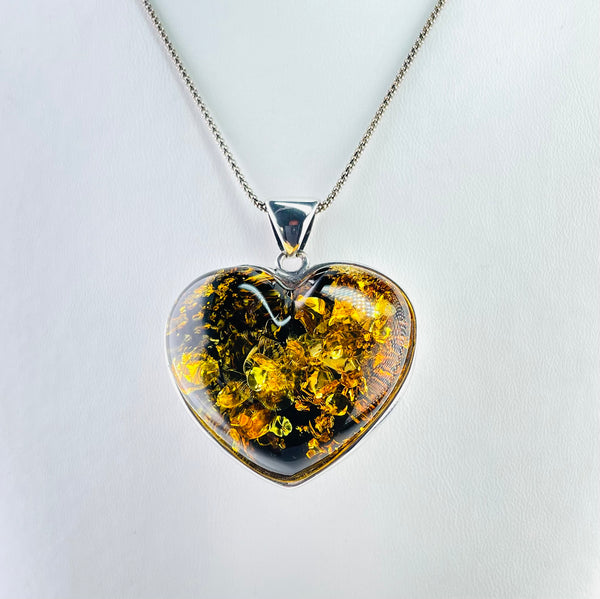 Large Amber and Silver Heart Pendant.
