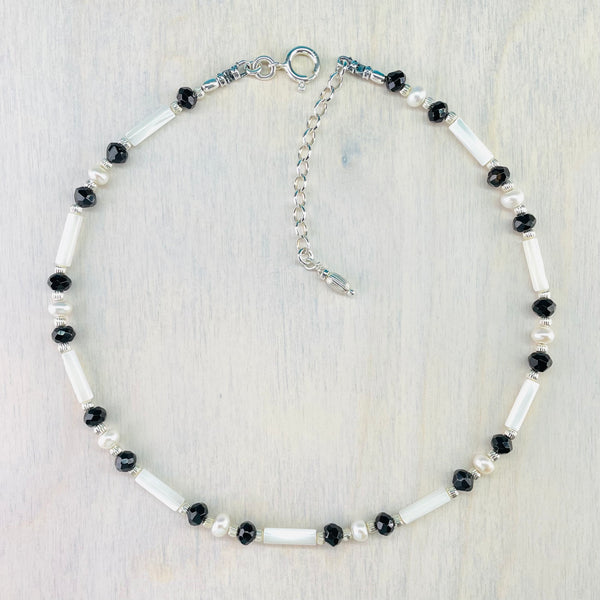 Mother of Pearl, Freshwater Pearl and Black Onyx Necklace by Emily Merrix.