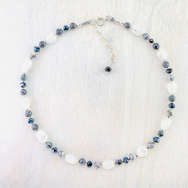 Rainbow Moonstone, Picasso Jasper and Crystal Bead Necklace by Emily Merrix.