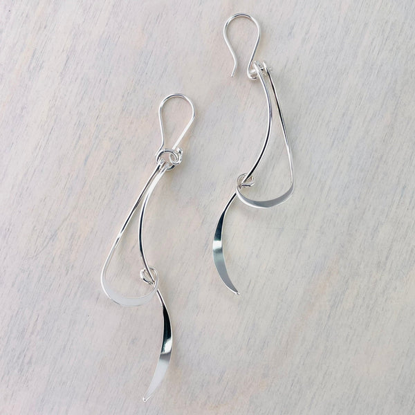 Long Polished Double Strand Silver Drop Earrings