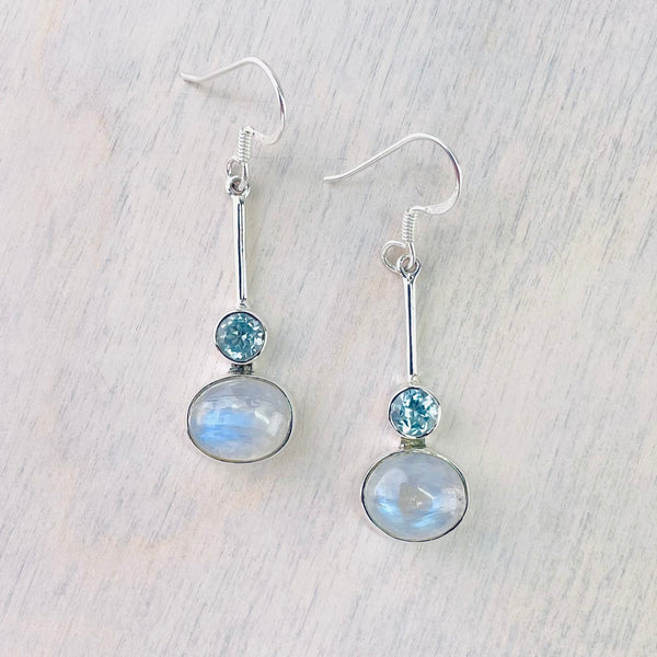 Rainbow Moonstone, Blue Topaz and Silver Drop Earrings.