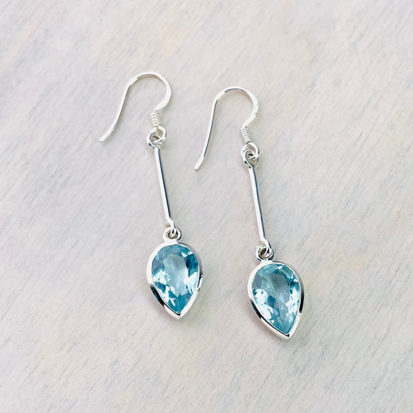 Long Silver and Blue Topaz Drop Earrings.